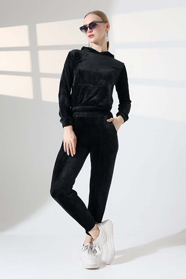 Velvet Hooded Kangaroo Pocket Tracksuit Set