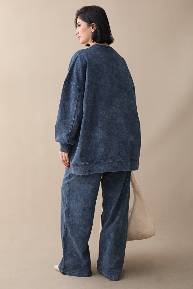 طقم ثلاثي الخيوط قابل للغسل باللون النيلي - 2