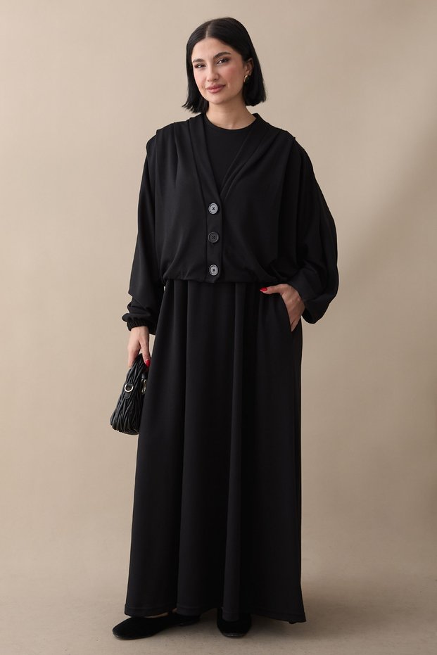 Black Modal Suit with Batwing Sleeve Jacket and Dress