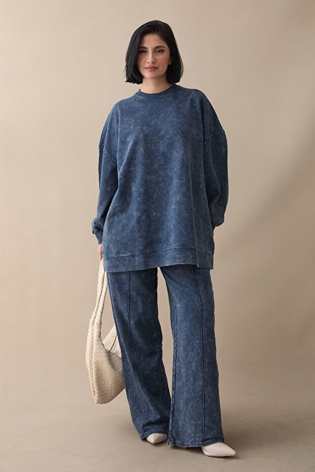 طقم ثلاثي الخيوط قابل للغسل باللون النيلي - 1