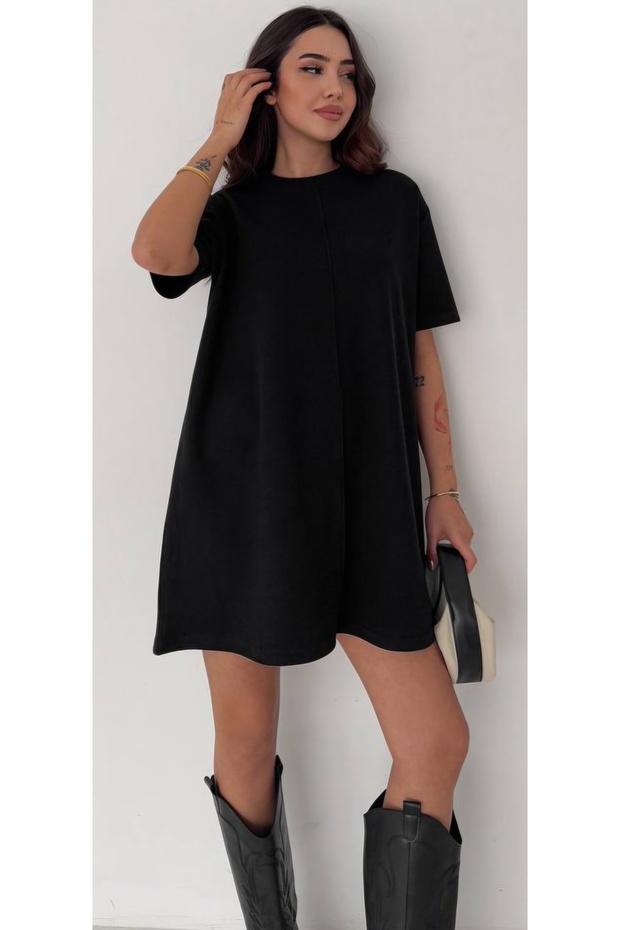 Kısa Kollu Basic Ön Çima Detaylı Elbise - 2