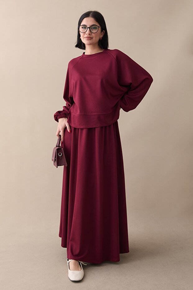 Basic Biyeli Etekli Modal Takım Bordo - 3