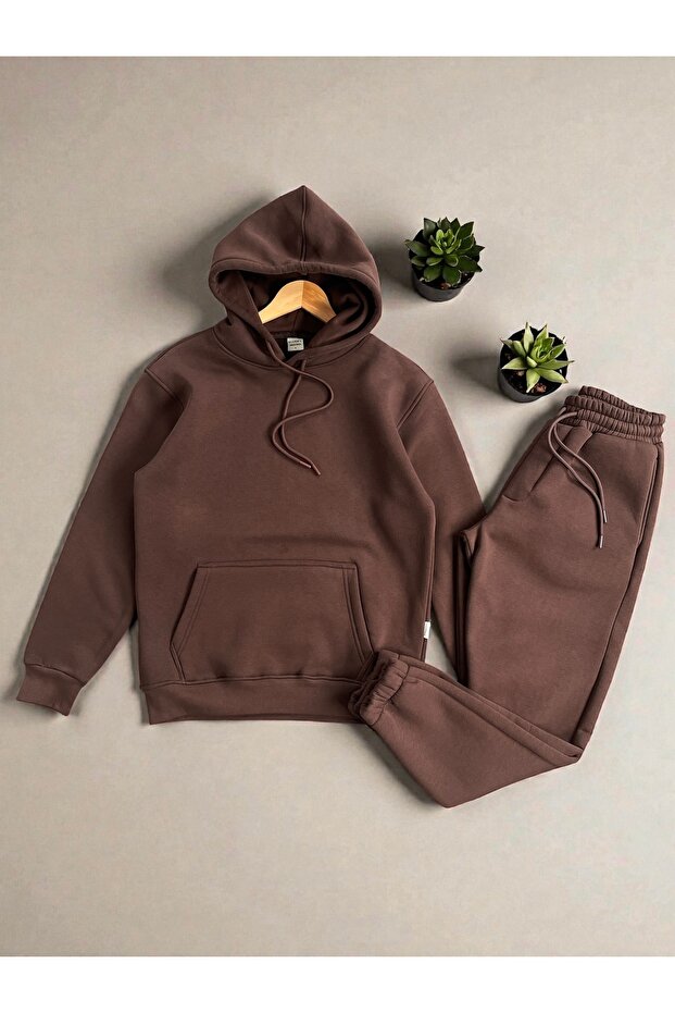 Oversized 3 Thread K Hooded Thick Fleece Bottom Top Set, Set of 2