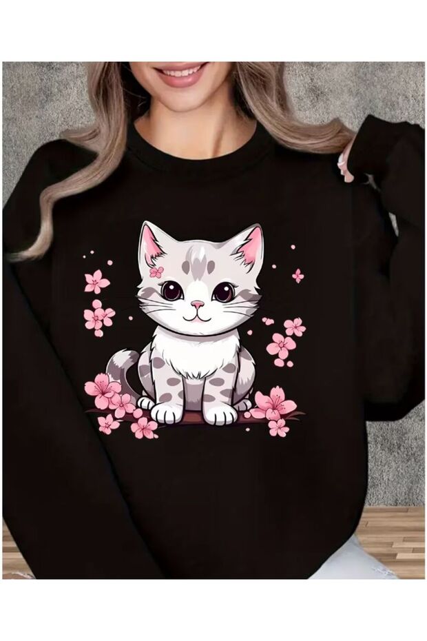Cute Cat Print Detailed Crew Neck Sweatshirt