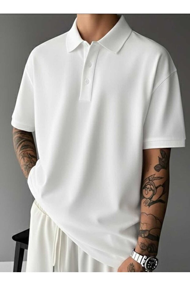 تي شيرت أساسي ذو لون سادة وياقة بولو للرجال قصة فضفاضة - 1