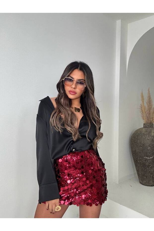 Büyük Pullu Payetli Şort Etek - 3