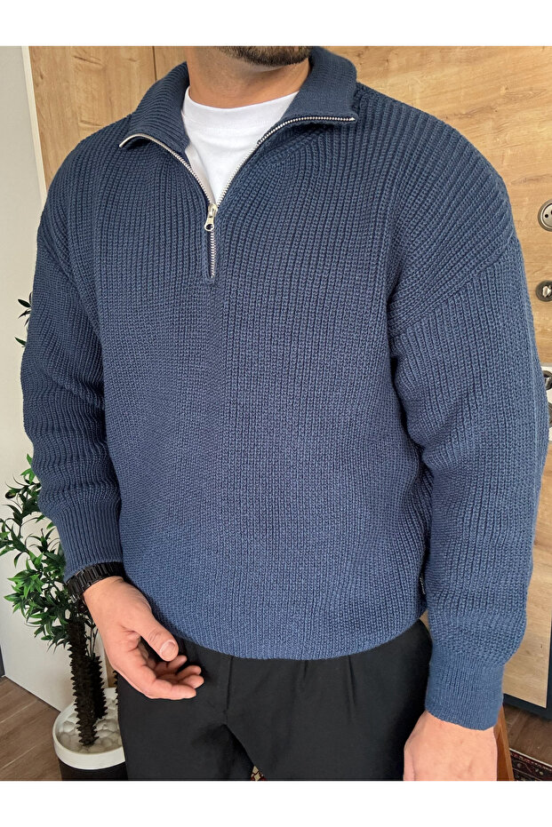 Oversize Yarım Fermuarlı Kazak Kalın Örme - 3