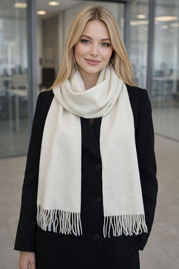 Ecru Wool Cashmere Tasseled Women's Scarf 180X33 cm