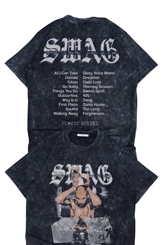 Unisex Swag Album Back Printed Washed T-Shirt, Oversized Justin Bieber Themed Retro Tee Shirt