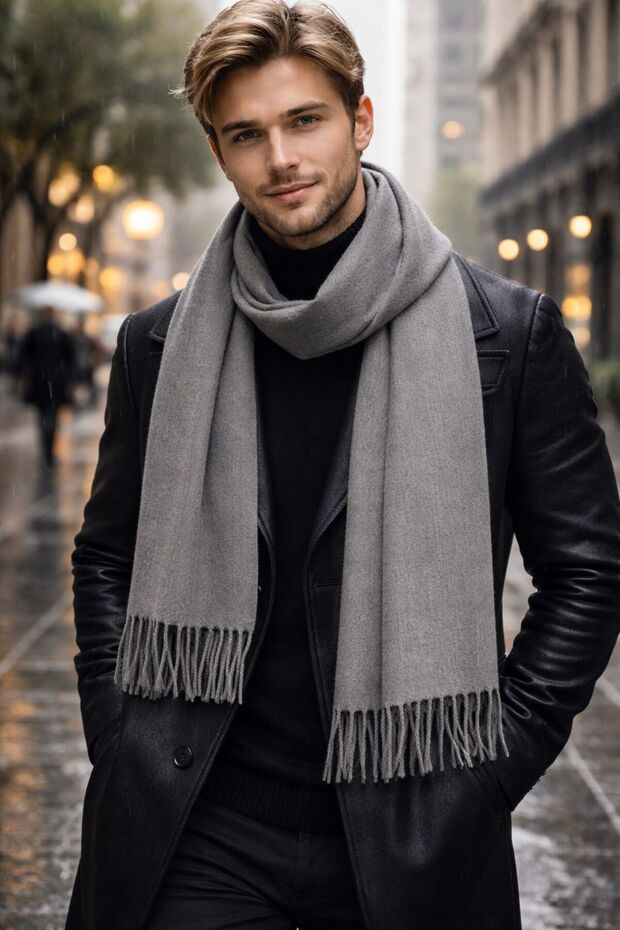 Gray Wool Cashmere Tasseled Men's Scarf 180X33 cm