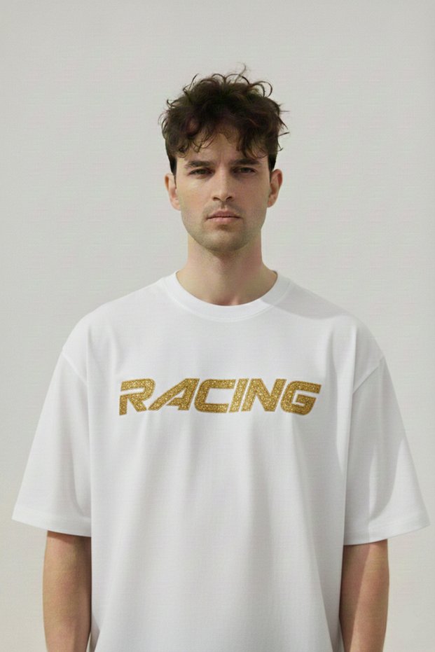 Racing Printed Oversized Wide Cut 100% Cotton Soft Textured Basic Crew Neck White T-Shirt