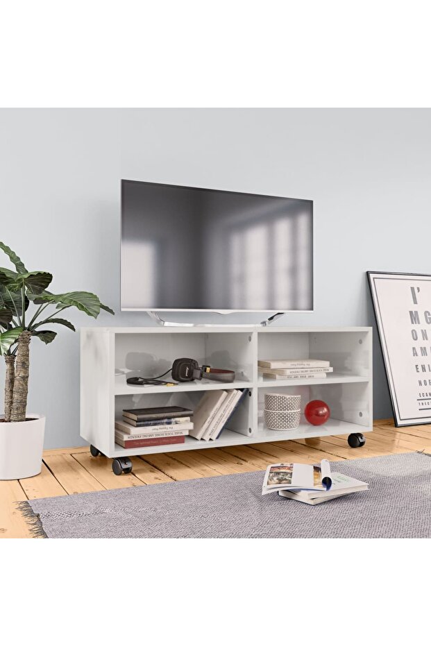 TV Cabinet with Castors High Gloss White 90x35x35 cm Engineered Wood
