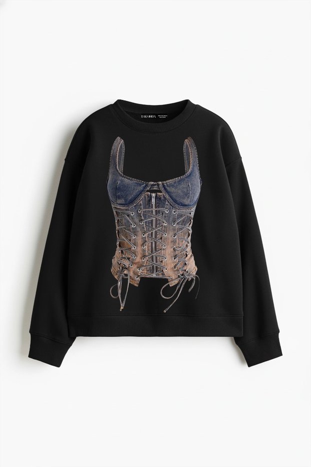 Women's Black Relaxed-Fit Sweatshirt with Denim Corset Print (No Hood)