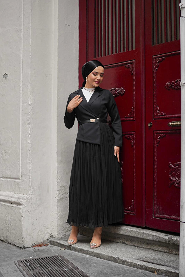 siyah double şifon elbise - 3