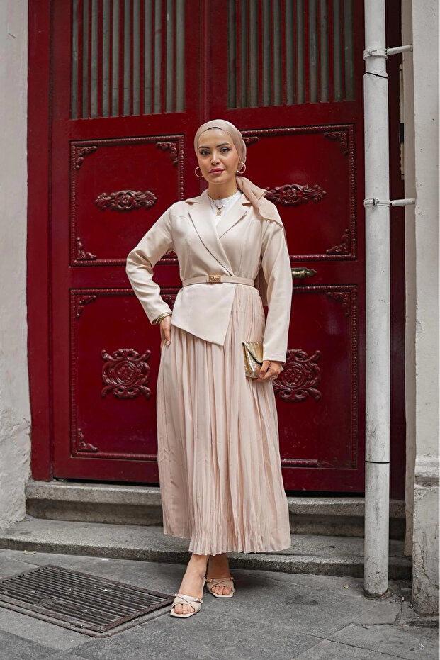 bej double şifon elbise - 2