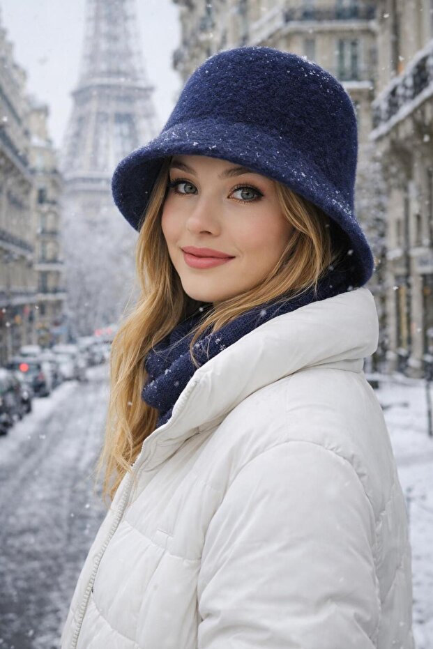Petrol Blue Felt Buttoned Plush Bucket Women's Hat