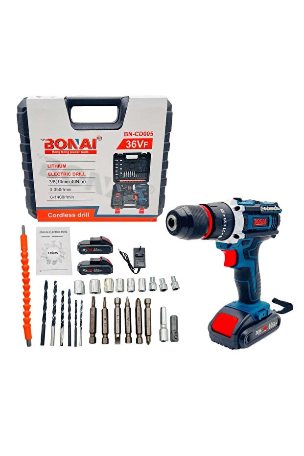 36VF Cordless Electric Drill, 3/8" (10mm) Lithium-Ion Power Drill Set with 2.0Ah Battery, 40N.