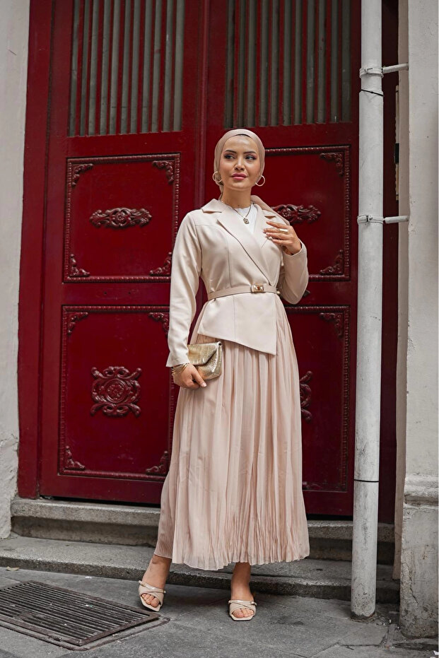 bej double şifon elbise - 3