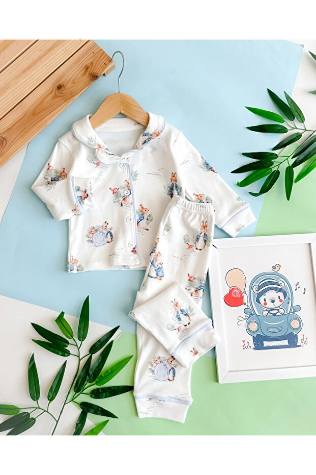 Rabbit Family Seasonal 2-Piece Pajama Set with Piping Detail and Front Buttons