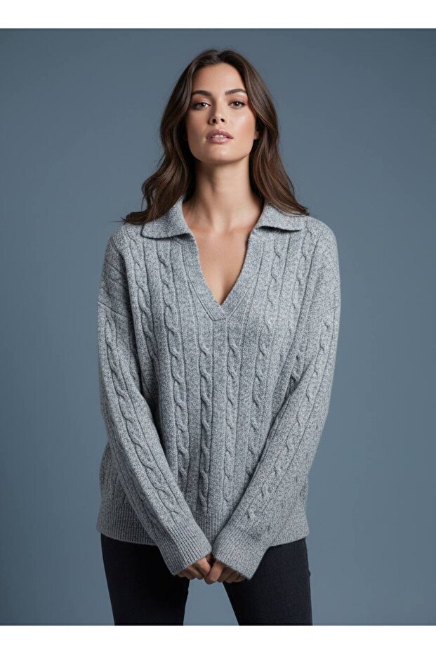 Old Money Style Polo V-Neck Hair Knit Oversized Knitwear Sweater