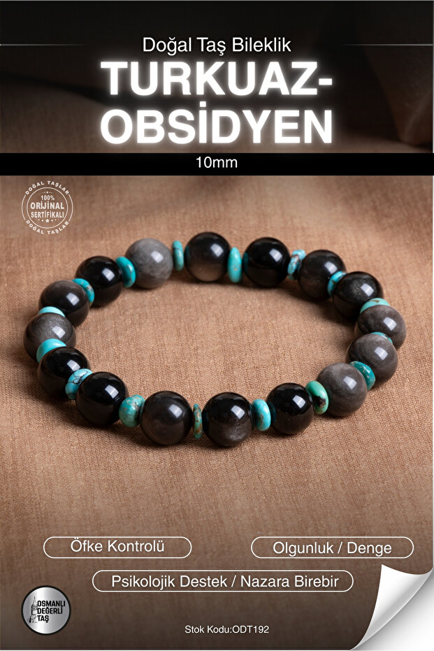 Certified Obsidian-Turquoise(Turquoise) Natural Stone 10mm Bracelet Odt192
