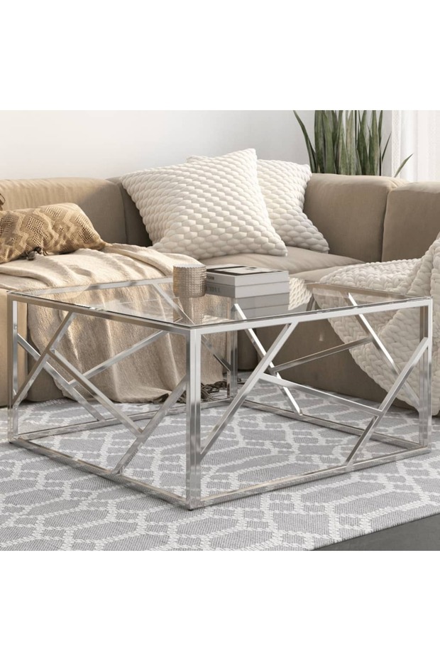 Coffee Table Silver Stainless Steel and Tempered Glass