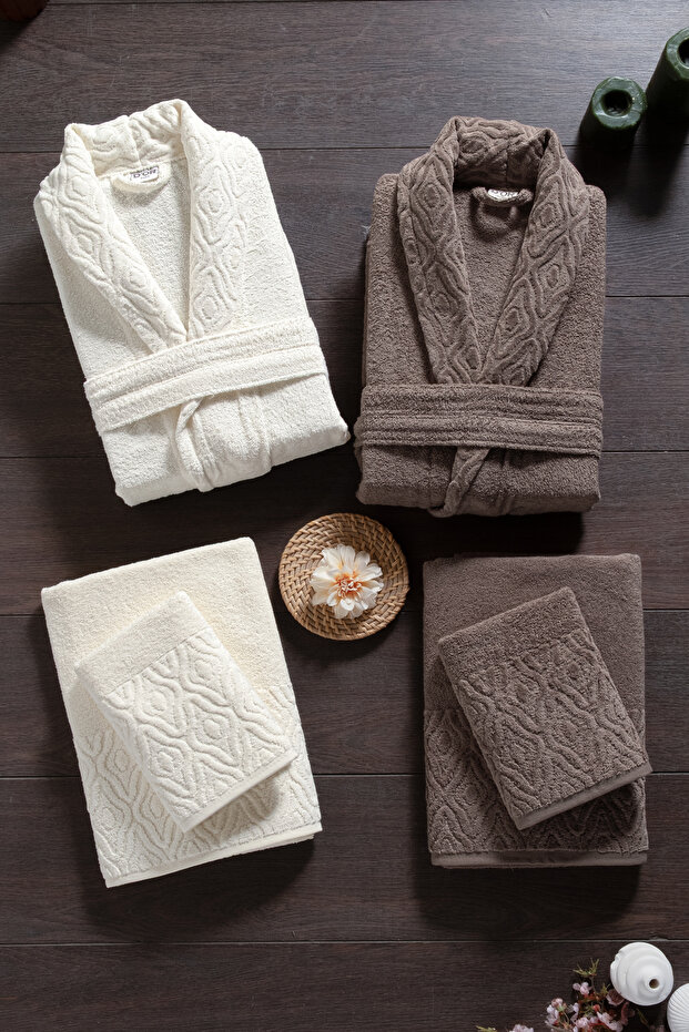 Hira 6-Piece Family Bathrobe Set - 100% Cotton, Luxury, Jacquard Bathrobe Set, Giftable, Dowry