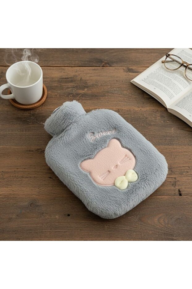 Blue Plush Hot Water Bag with Bow Tie and Cat Figure 1 Lt