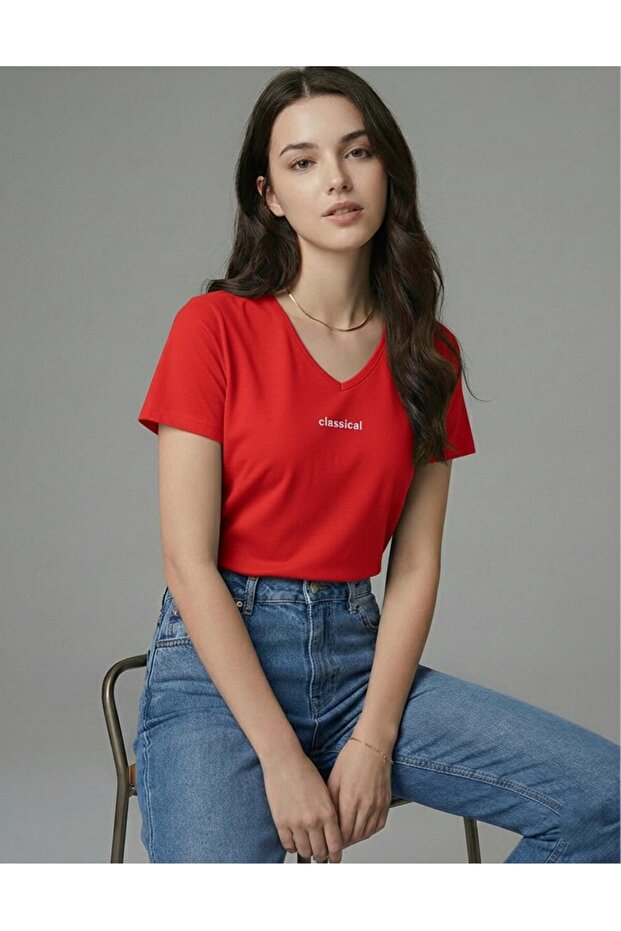 Women's V-Neck Classical Printed Regular Fit T-Shirt