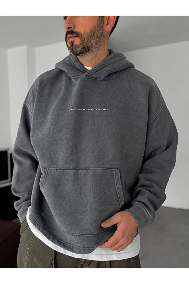 Antrasit Baskılı Kapüşonlu Sweatshirt C-4622 - 5