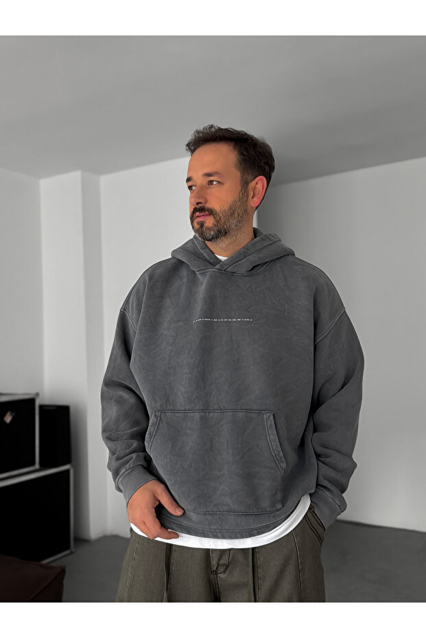 Antrasit Baskılı Kapüşonlu Sweatshirt C-4622 - 1
