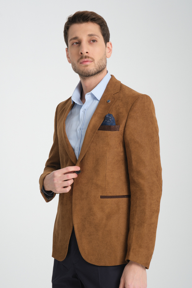 Racinos Men's Beige Thick Velvet Fabric Elbow Slim Fit Slim Fit Sports Blazer Jacket