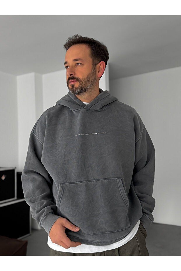 Antrasit Baskılı Kapüşonlu Sweatshirt C-4622 - 3