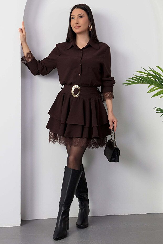 Gömlek Yaka Dantel Detaylı Kat Kat Elbise GRS3858 - 3