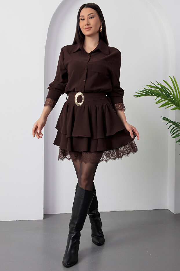 Gömlek Yaka Dantel Detaylı Kat Kat Elbise GRS3858 - 5