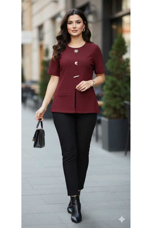 Gold Buttoned Silimfit Ottoman Fabric Burgundy Short-Sleeved Stylish Blouse (Order 1 Size Larger)
