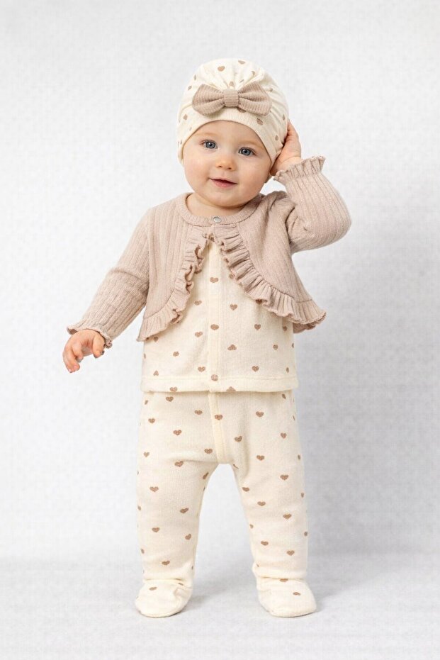 Baby Girl Ruffled Cardigan Patterned Romper Bow Beanie 3-Piece Set