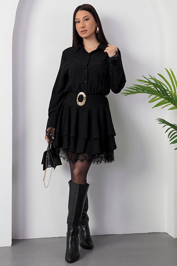 Gömlek Yaka Dantel Detaylı Kat Kat Elbise GRS3858 - 2