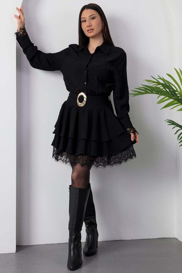 Gömlek Yaka Dantel Detaylı Kat Kat Elbise GRS3858 - 4