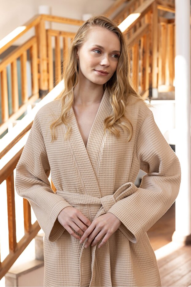 Waffle Pike Women's Bathrobe Beige 100% Cotton