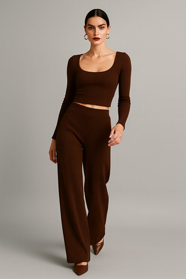 Women's Brown Wide Leg Corded Fabric Set