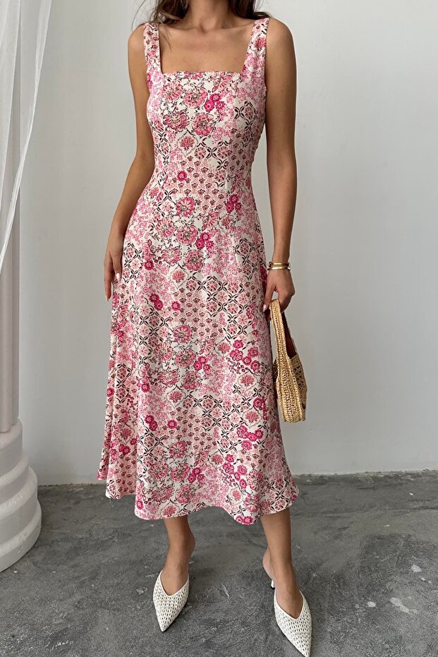 Çiçekli Viskon Elbise - 4