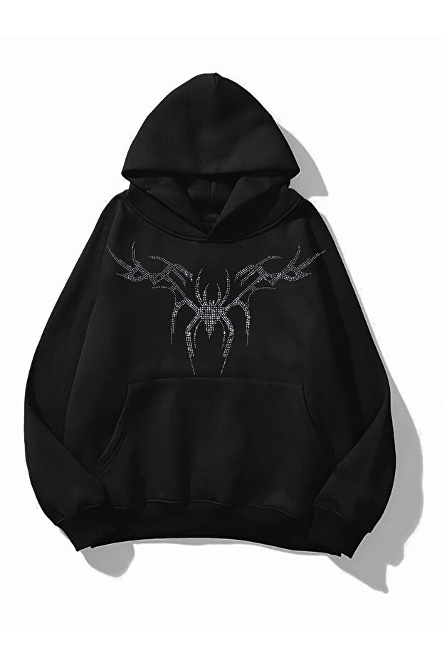 Gothic Spider Stone Detailed Oversized Unisex Sweatshirt