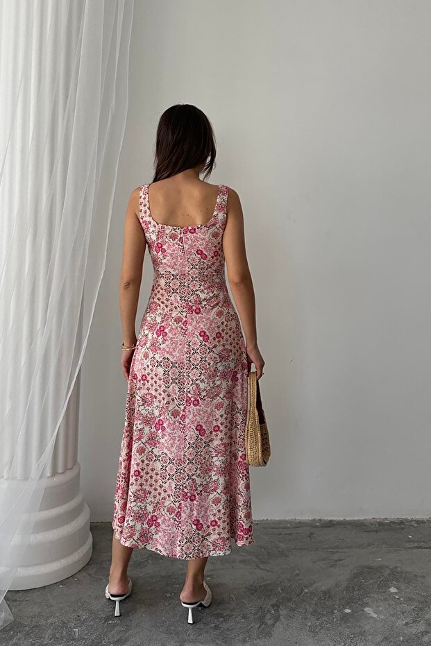 Çiçekli Viskon Elbise - 5