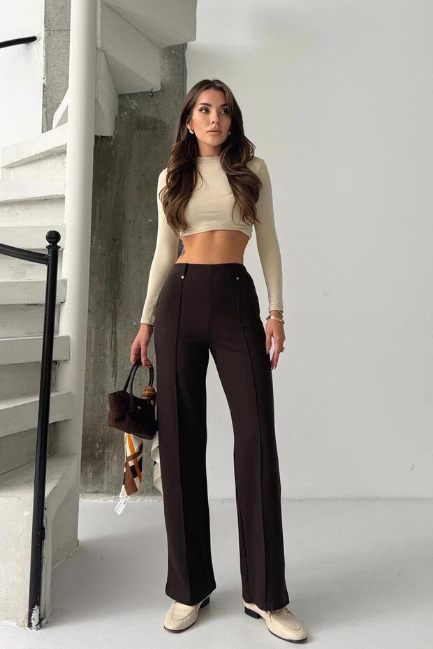 Stitch Detailed Palazzo Pants - Brown