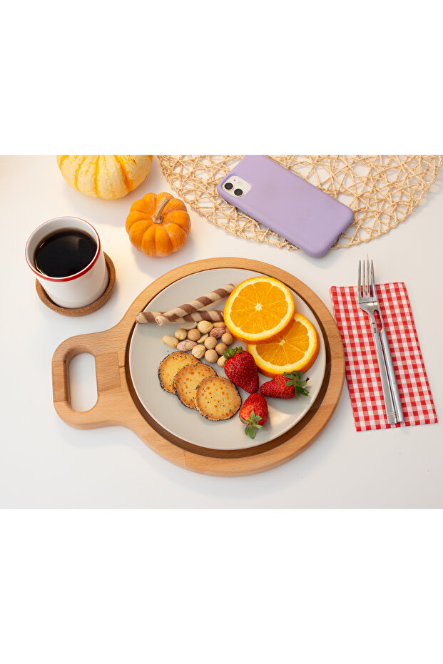 Solid Wood Round Serving & Presentation Plate – Natural Wood Serving Plate with Handle 24 cm