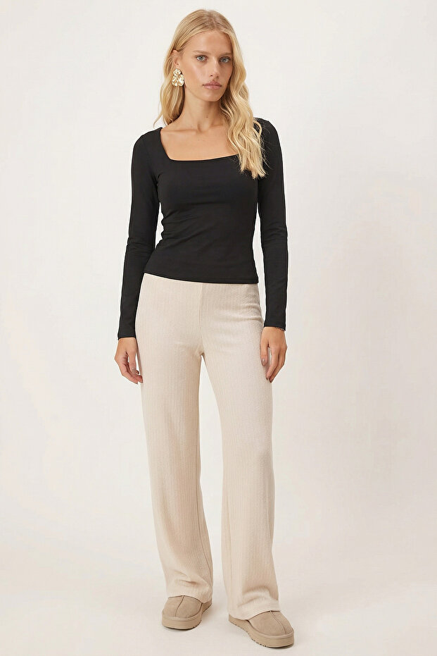 Women's Cream Soft Textured Stretch Fabric Pants Arm-26K001090