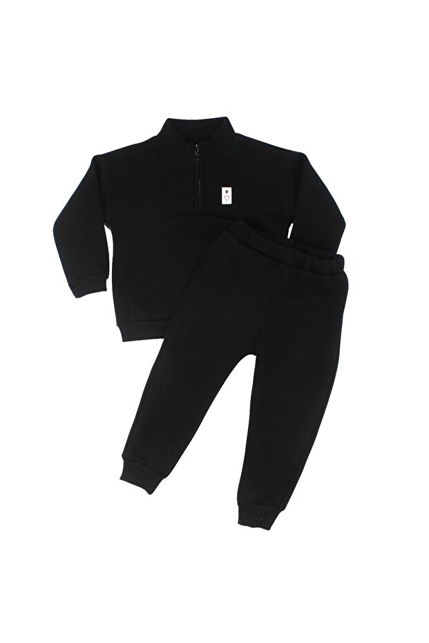 Boy's Black Zippered Collar Three-String Two-Piece Suit