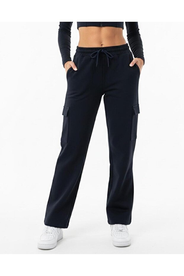 Women's Navy Blue Oversize Wide Fit 2 Thread Cargo Pocket Sweatpants-P2269