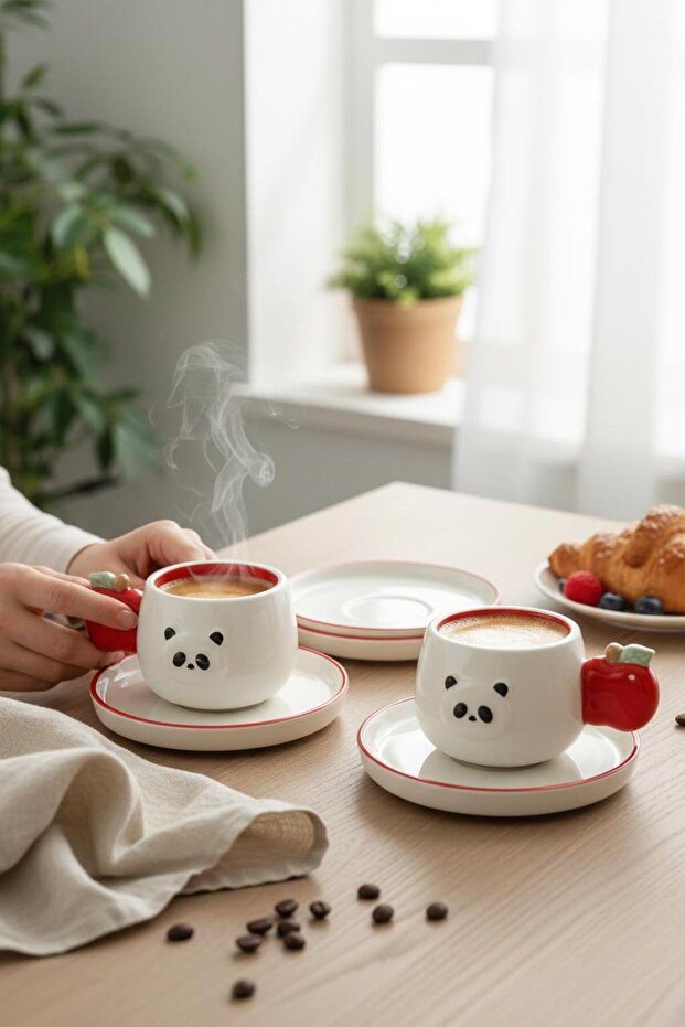 كوب قهوة سيراميك لشخصين مع تمثال باندا محفور